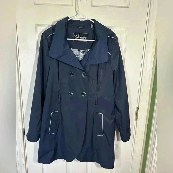 Guess Jackets & Blazers - GUESS navy double breasted trench hooded contrast trim logo buttons. Size XL EUC